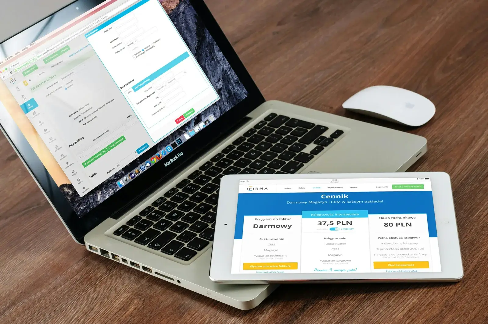 iPad and MacBook showing business analysis charts and graphs